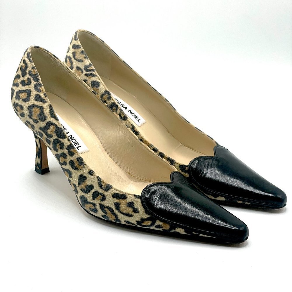 SALE Vanessa Noel Black Leather Heart Toe Leopard Print Pumps Italy EU 37/US 6.5